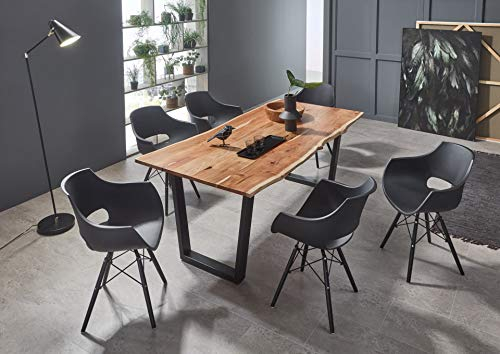 SAM 7tlg. Essgruppe Quila, Baumkantentisch 140x80 cm, Akazienholz naturfarben & massiv, V-Gestell Mattschwarz, 6X Schalenstuhl Lea in Schwarz