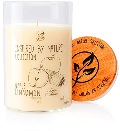 Inspired by Nature Duftkerze | Apfel Zimt | Sojawachskerze im Glas mit eleganten Holzdeckel und intensiven Duft | 65 Stunden Brenndauer | 345g