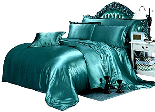 Ultra Soft Silk Like Satin 3 Piece Bedding Teal Blue Duvet Cover Set (Duvet Cover + 2 Pillow Cases) Zipper Closure Soft Breathable Full