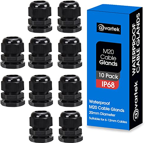 10 Pack M20 20mm IP68 Waterproof Black Cable Glands, Suitable for 6mm - 12mm Cables, Plastic Nylon Compression Glands Connectors with Locknut and Washer - AVARTEK