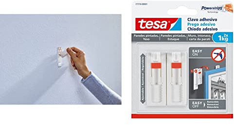 tesa 77774 Clavo adhesivo ajustable, 4 unidades, color blanco Clavo adhesivo ajustable, ideal para cuadros, para paredes pintadas y yeso (1 kg)
