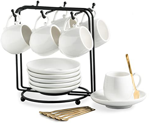 LYEOBOH Espresso Cups with Saucers Set, 3 Ounces Coffee Cups with Metal Stand and Spoons, Ceramic Cappuccino Coffee Cups Demitasse Cups for Espresso, Latte, Cafe Mocha and Tea, Set of 6, White