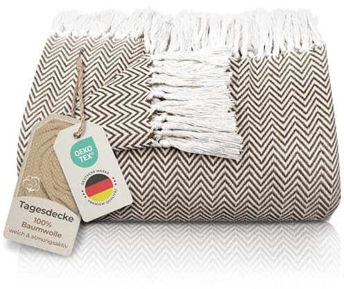 Gräfenstayn Premium Copriletto con frange - 100% cotone - 150 x 200 cm - Coperta estiva a spina di pesce - Coperta di cotone come coperta da letto, coperta da divano (Marrone)