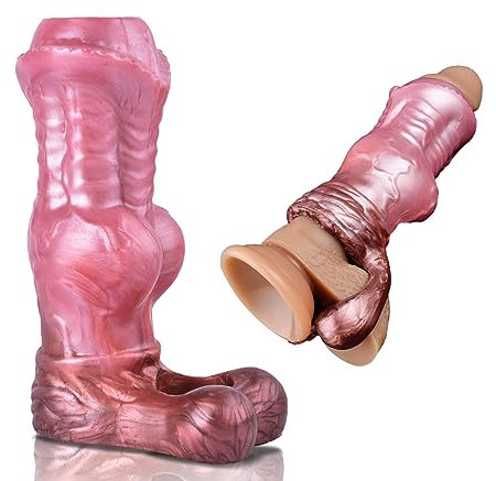 TDLPlus 2023 Neu! Horse Dildo Penishülle mit Knot und Hodenring, Flüssiges Silikon Penismanschetten Cock Penis Sleeve zür Penisverlängerung Verzögerung Ejakulation Sexspielzeug für Männer(Braun)