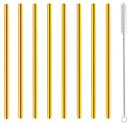 Pailles à cocktail, courte mini métal acier inoxydable réutilisables pailles pour tasse courte cocktails café jus bar fête festivals fournitures, 8pcs doré paille avec brosse