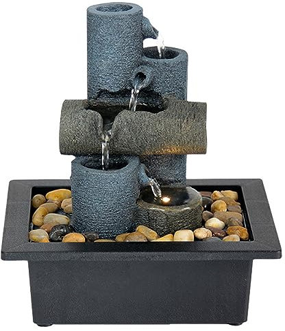Tuzsocr Zimmerbrunnen – 4 Ebenen mit Natursteineffekt, Tischbrunnen & LED-Beleuchtung, natürliches Zen-Dekor aus Kunstharz, Felsenimitat, für die Dekoration von Haus, Büro, Wohnzimmer
