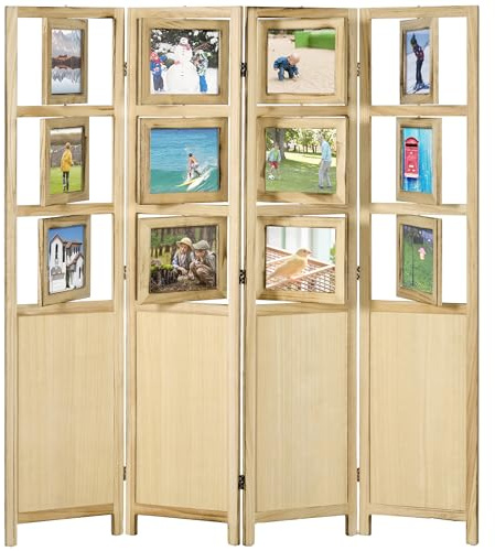 HOMCOM 4 Panel Room Divider, 5.6' Indoor Wood Portable Folding Privacy Screens with Photo Frames and Cardstocks, Hinged Freestanding Partition Wall Dividers for Home Office, Natural