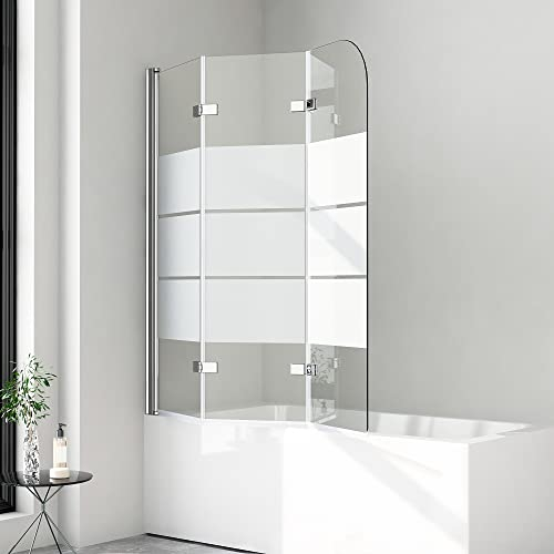 Duschwand für Badewanne 3-teilig, Duschwand 140x140cm Gestreift Faltbar Duschtrennwand für Badewanne Badewannentrennwand Duschabtrennung Badewanne, Badewannenaufsatz 3 teilig 6mm ESG Glas