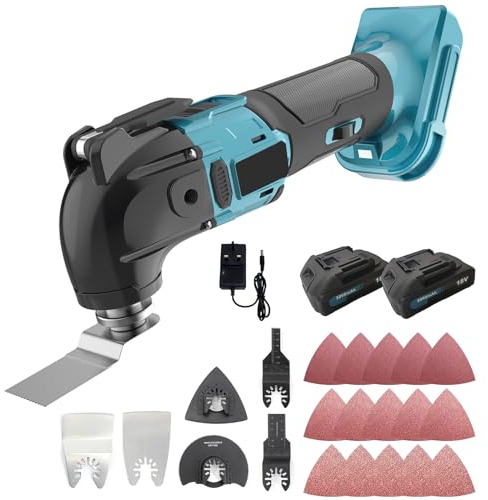Akku-Multifunktionswerkzeug, Ersetzen für Makita，mit 2 x 3000mAh Akku， 21 tlg Zubehör Variable Geschwindigkeit und 4° Oszillationswinkel 18V Bürstenmotor Oszillierend zum Schneiden Entfernen