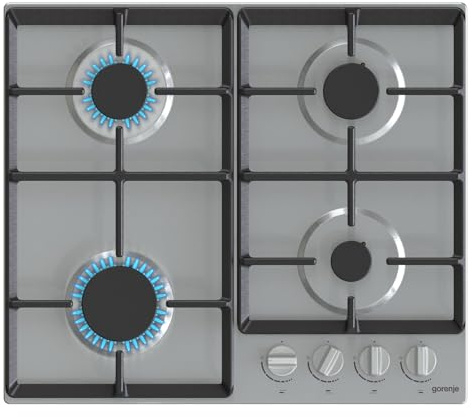 Gorenje Eingebautes Gasherd 60 cm, 4 Brenner, Frontknöpfe, selbstzündend, Gusseisen-Gitter, Edelstahl - G641EX