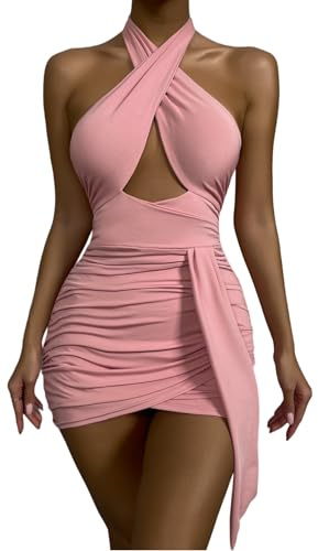 Zesoyne Womens Sexy Mini Dress Club Bodycon Cut Out Crisscross Halter Backless Ruched Party Night Out Shorts Dresses XS Pink