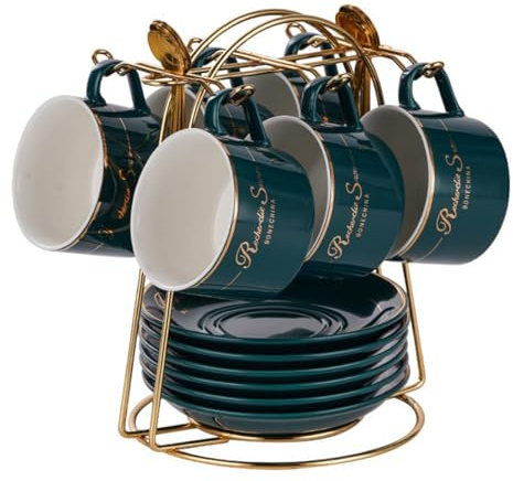 HSTWODE-cappuccino koppar set koppar och tefat med 6 (150 ml), lyxig tekopp set med gyllene trim, kaffekopp med handtag, brittiskt kungligt porslinskoppar (briljantblå)