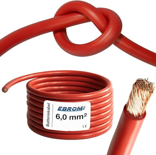 EBROM HI-FLEX - 5 Meter hochflexibles Batteriekabel - Pluskabel - rot - 6mm2 | 6 mm² | 6 mm2 - Vollkupfer 99,9% OFC Kupfer Stromkabel - Ihre Länge: 5 Meter