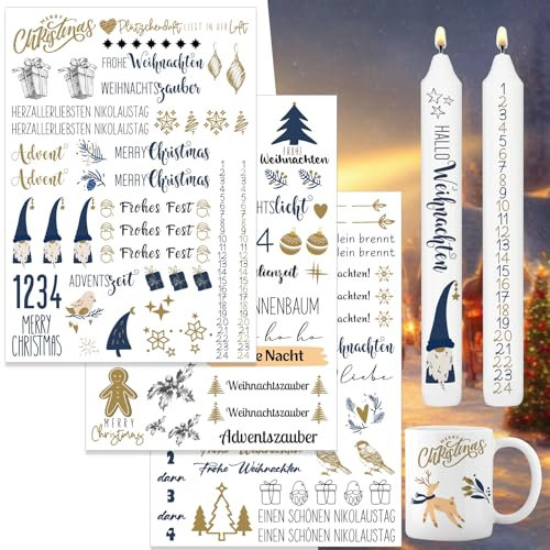 Kerzen Tattoo Weihnachten,3 Stück DIY A4 Kerzen Tattoofolie，Wasserschiebefolie Stabkerzen,Sprüche zum Verschenken，für Kerzen/Keramik，DIY Geschenk (Weihnachten Ⅱ)