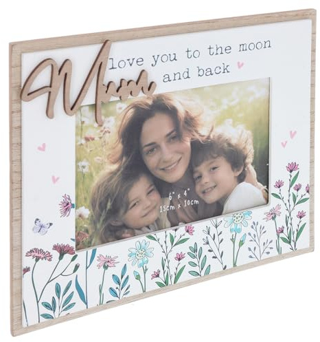 Shudehill Giftware Sweet Meadow Pretty Flowers 6x4 Wooden Photo Frame - Mum I Love You To The Moon and Back, Mum Gift Ideas