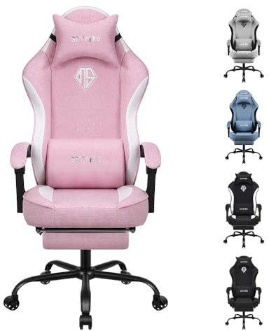 Stoff Gaming-Stuhl für Erwachsene, PC Computersessel mit Fußstütze, ergonomischer Videospielstuhl, Rückenlehne und Sitzhöhe verstellbar, Drehstuhl für Erwachsene mit Lendenwirbelstütze, bis zu 150 kg