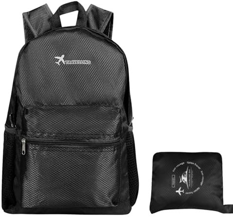 Wanderrucksack Herren Damen 15L, Faltbarer Rucksack Ultraleicht, Wasserdicht Tagesrucksack zum Falten, Kleine Wanderrucksack für Damen Herren, für Wandern, Reisen, Radfahren (Schwarz)