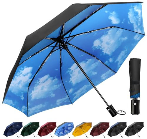 TechRise Regenschirm, Regenschirm Sturmfest mit Automatischer Öffnung & Schließung, Tragbarer & Faltbarer Taschenschirm für Männer Frauen Kinder (Hellblauer Himmel)