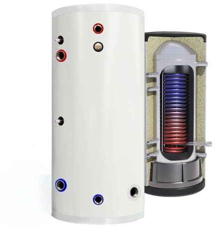 TECHGLOBE - Warmwasserspeicher komplett aus Edelstahl - mit 1 extragroßen Wärmetauscher (2,2 m²)- Energieeffizient Brauchwasserspeicher - mit 50mm Isolierung (150 L)