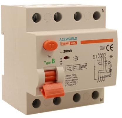 A2ZWORLD Interrupteur différentiel type B triphasé, RCCB Classe B 30mA 4P 40A, 3P+N 4 pôles 10 kA AC 400 V, occupe 4 modules barre DIN