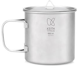 Keith Titan Becher Camping Topf Outdoor Kaffee Tee Tasse mit Deckel & Faltbarem Griff 200ml/300ml/400ml/450ml/500ml/600ml/900ml Leichte Kochgeschirr Backpacking Picknick Trinkgeschirr (650ml Ti3208)