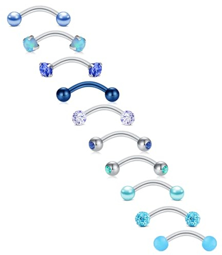 FECTAS 10PCS Eyebrow Rook Piercing Jewelry 16G Earrings Vertical Labret Lip Jewelry Curved Barbell Eyebrow Rings Tiny Small Belly Rings Ear Rook Helix Conch Daith Piercing Jewelry Blue