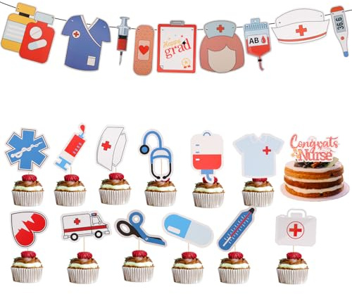 Lyreh Nurse Graduation Party Supplies, Happy Nurse Week Cupcake Toppers Nursing School Graduation Cake Decorations for RN Themed Birthday Party Thank You Cake Picks
