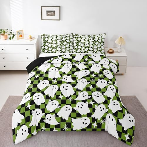 Juego de edredón infantil con diseño de fantasmas de dibujos animados, color negro y verde, con diseño de retazos a cuadros, para niños, niñas y adolescentes, bonito edredón acolchado de Halloween con