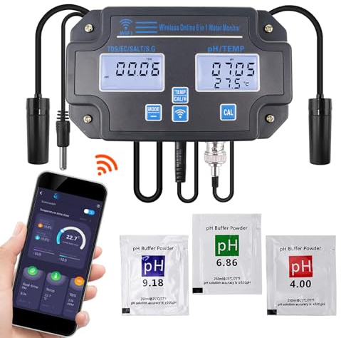 Testeur de qualité de l'eau Wi-Fi 6 en 1 : mesure du pH, de la conductivité (EC/TDS), de la salinité, de la densité et de la température. Surveillance en ligne 24 h/24 via application