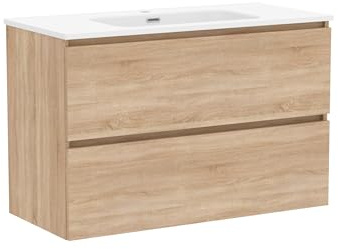 Baikal Mueble de Baño Klay. Mueble MONTADO. 2 Cajones Suspendido con Lavabo. Armario de Baño. Lavabo Ceramico. 100cm Bardolino.