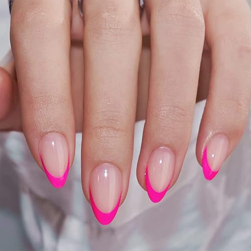 Hot Pink French Tip Press On Nails in Short Almond Shape - Glossy Gel Acrylic False Nails with Natural Nude Base, DIY Kit for Women Daily Wear and Multiple Sizes Fit, Classic Bold Contrast Design