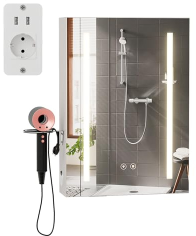 Ztexkee Spiegelschrank Bad mit Beleuchtung und Entnebelungs Funktion Hängend Badezimmer spiegelschrank mit Steckdosen und 2 Einstellbar Einlegeböden für Badezimmer,60x15x80 cm Off-White