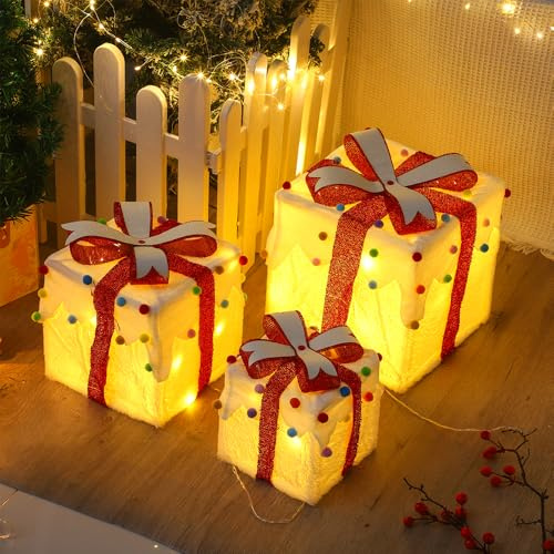Led Geschenkbox Weihnachten mit Timer 3er Set, Led Deko Geschenke Leucht Boxen, Weihnachtsdeko Leuchtend, Weihnachts Dekoration Batterie Betrieben, Beleuchtete weihnachtsdeko Outdoor und Innen