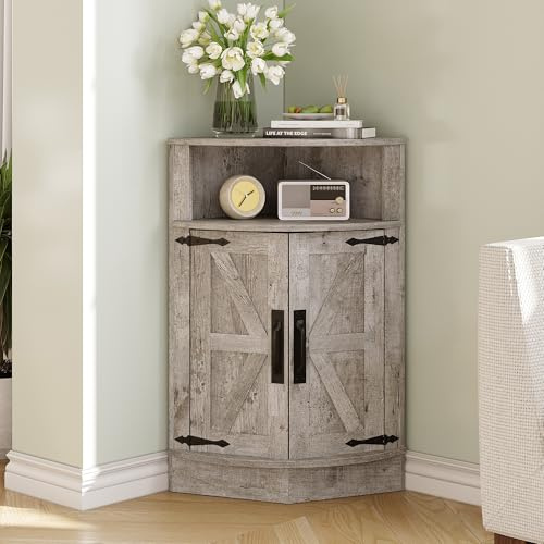 Vabches Corner Storage Cabinet, Farmhouse Small Floor Corner Cabinet with Barn Door and Adjustable Shelf, Narrow Cabinet Organizer for Bathroom,Pantry, Living Room, Kitchen, Grey