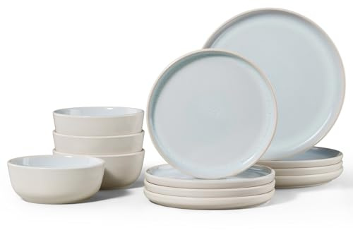 Homikit Plates and Bowls Set, 12-Piece Dinner Stoneware Set for 4 People, Reactive Glaze Dinnerware Crockery for Kitchen Dining, Microwave and Dishwasher Safe - Modern Beige
