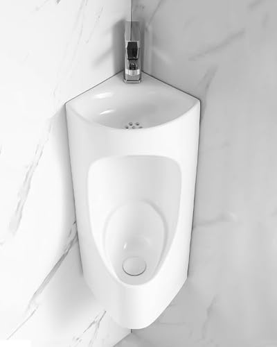 Urinal Wandmontage Eckurinal mit Waschbecken und Schlauch, Keramikurinale Pissoir für Herrentoiletten, Spültoilette Urinale für Männer Garage Keller Oder WC(White)