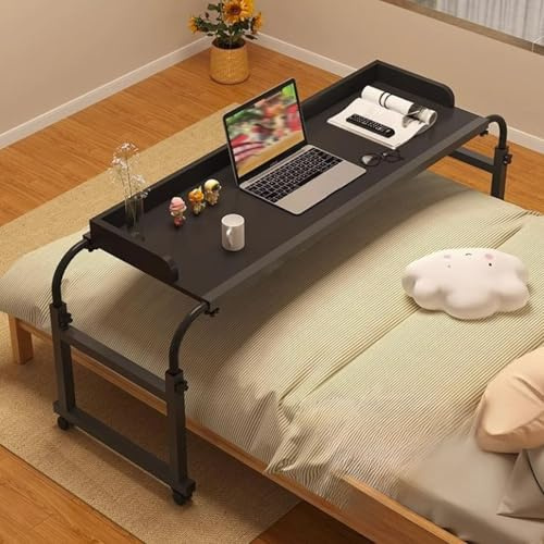 GUAWJRZDP Überbetttisch mit Rollen, Ausziehbarer Betttisch Für Laptops, Laptoptisch Für Das Bett, Nachttisch Mit Rollen, Höhenverstellbarer Schreibtisch Für Das Bett(Nero,140x50cm/55.1x19.6in)