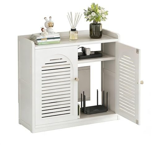 LEMYAHCH Caja Organizadora de Router y Cables, Armario de Router de Bambú con Puerta, Estante de Almacenamiento para Enrutador WiFi y Decodificador TV, Ideal para Casa y Oficina(Color:Blanco)