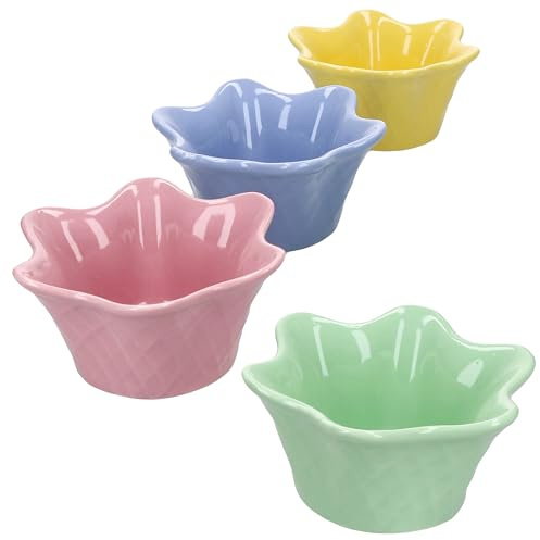 MamboCat Emilia Blume 4er Set Eisbecher I 150 ml, Ø 12 cm I Dessertschalen aus Steingut I je 1x Gelb, Rosa, Grün & Blau I blumenförmig mit Waffel-Optik I Eisdiele & Café
