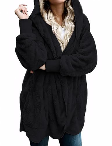 Zilcremo Women Hooded Cardigan Fuzzy Jacket Winter Open Front Fleece Coat Outwear with Pockets Black XL