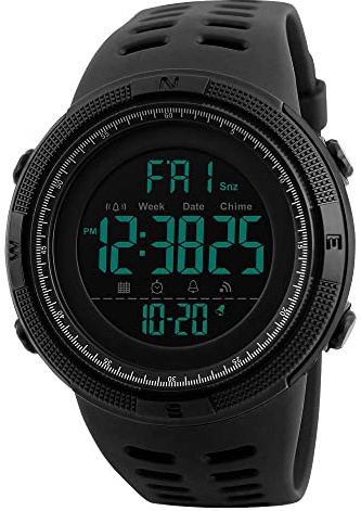 FeiWen Herren Fashion Sport Digital Uhren Plastik Wählscheiben mit Kautschuk Band LED Digital Doppelte Zeit 50M Wasserdicht Outdoor Militär Multifunktional Armbanduhren, Schwarz