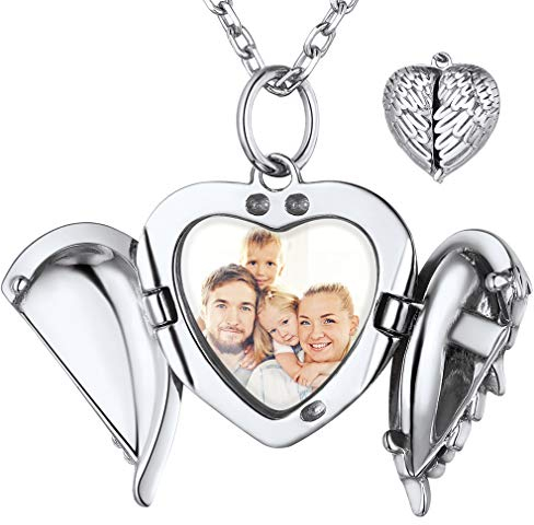 FaithHeart Silber Foto Herzanhänger Personalisierte Photo Flügel Medaillon Partnerkette mit Geschenkebox für mädchen damen