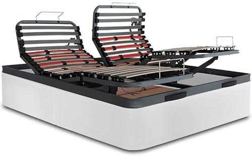 VentadeColchones - Canapé Articulado Abatible de Gran Capacidad con Mando Inalámbrico + App Móvil, Polipiel Blanco, Medida 150 x 190 cm (1 canapé, 2 Camas)