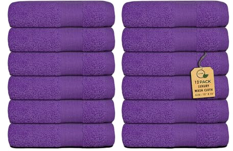 Premium Wash Cloths Pack of 12 (13 x 13) 100% Ring Spun Cotton | Luxury Washcloths | Ultra Soft Face Towels | Highly Absorbent Wash Cloths for face (Purple)