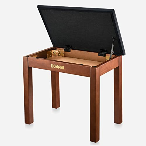 Donner Panca per Pianoforte con Contenitore, Sgabello Libreria per Pianoforte in Legno Massello con Cuscino in Suede ad Alta Densità, Marrone
