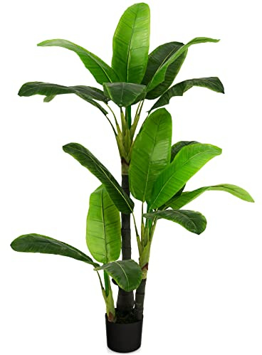 Goplus 5ft Bird of Paradise Artificial Plant, Fake Tropical Palm Tree with 18 Large Leaves, Cement Pot, Moss, Floor Silk Banana Leaf Plant, Faux Plant for Indoor Outdoor Home Office Decor