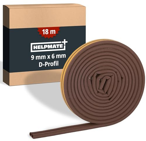 HELPMATE Bande d'étanchéité autocollante pour fenêtres et portes - Joint de fenêtre/porte pour isoler des fentes de 3 à 5,5 mm de large - Ruban d'étanchéité 9 x 6 mm (profil en D | 18 mètres | Marron)