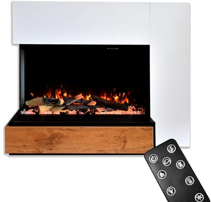 GLOW FIRE Kaminofen Einstein linksoffen mit realistischem 3D E-Motion LED-Feuer - Stand-Elektrokamin mit Heizung, Kaminfeuer & Timer, max. 1500 W, 109x89x51, Weiß
