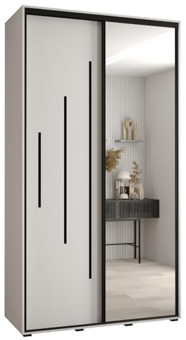 MEBLE KRYSPOL Davos 13 140 Schrank mit Zwei Schiebetüren für Schlafzimmer - Moderner Kleiderschrank mit Spiegel, Kleiderstange und Regalen - 235,2x140x60 cm - Weiß Weiß Schwarz