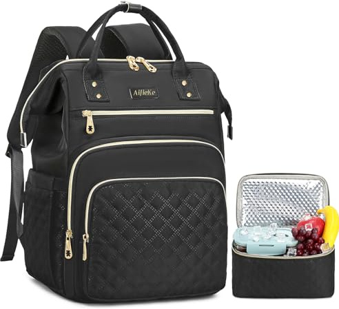 AIJIEKE Lunchryggsäck, 15,6 tums bärbar datorryggsäck med lunchväska, damryggsäck med lunchfack, Svart, 12.2 X 9.2 X 17.2 Inches (Backpack), 10.6 X 6.8 X 5.6 Inches (Lunch Bag), Modern